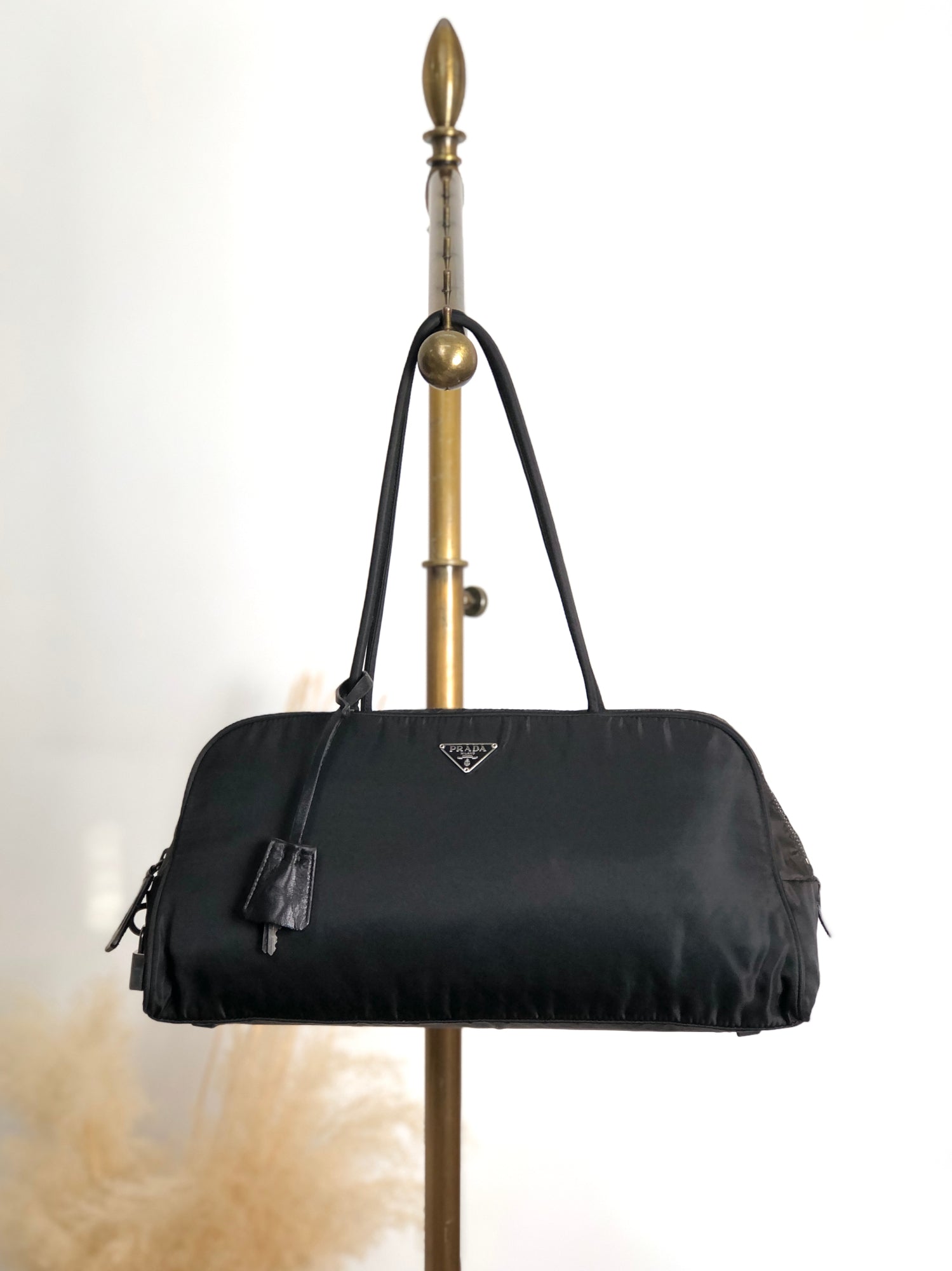 PRADA Tessuto Triangle Logo Padlock Small Boston bag Handbag Black