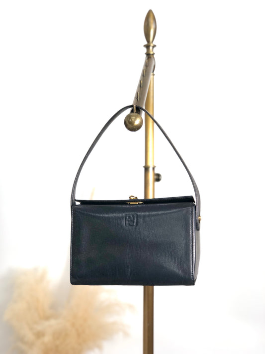 FENDI Logo Embossed Handbag Black Vintage yyxgsd