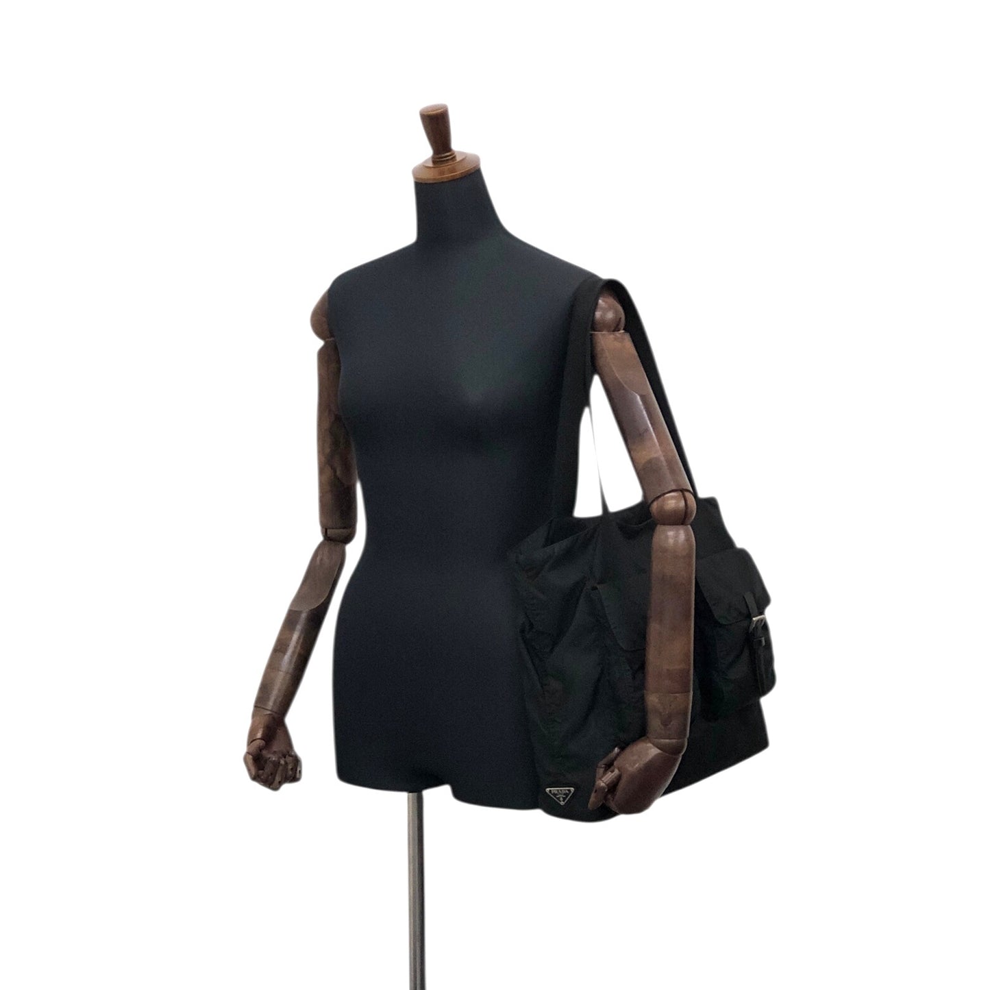 PRADA Triangle Logo Double Pocket Totebag Black Vintage ezms23