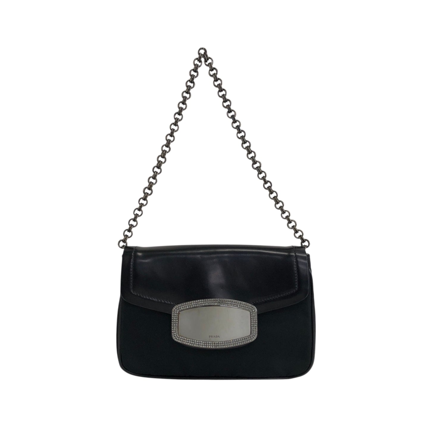 PRADA Logo Rhinestone Chain Handbags Black Vintage y8bzmh