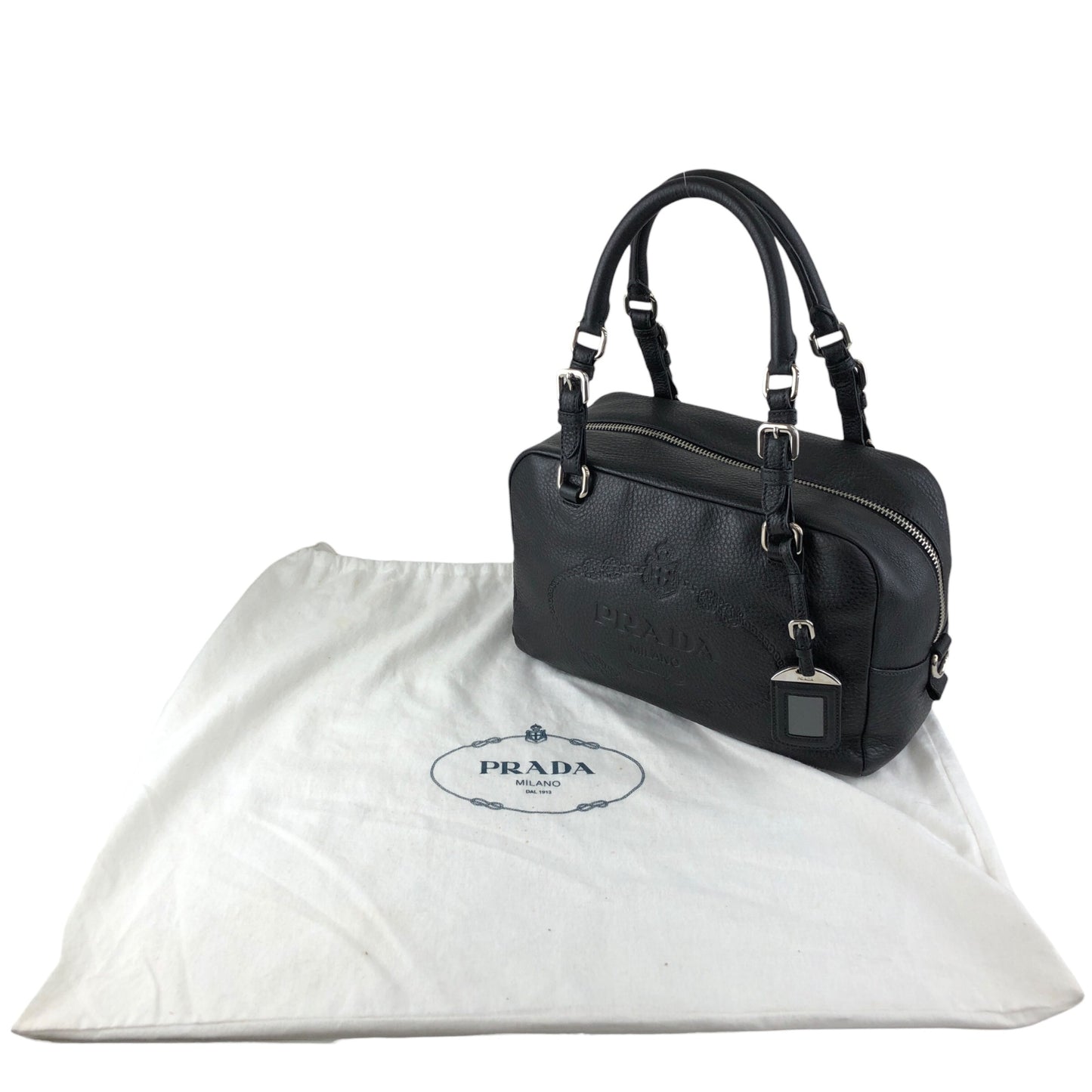 PRADA Logo Embossed Small Boston bag Handbag Black Vintage sdau3h