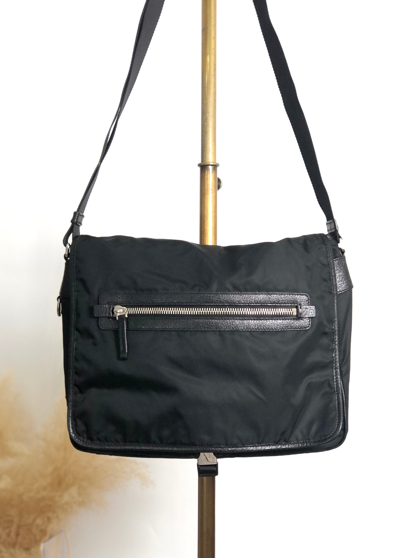 PRADA Tessuto Triangle Logo Front Buckle Shoulder bag Black Vintage 2arab2