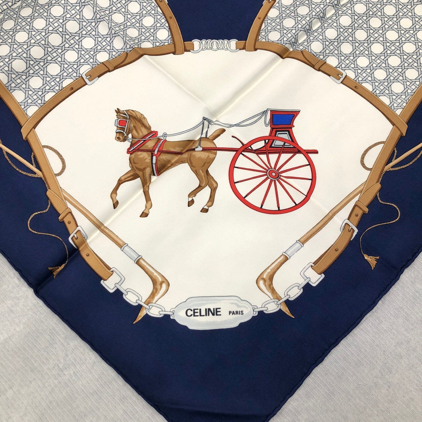 CELINE Horse Carriage Scarf Blue×White Vintage by5iar
