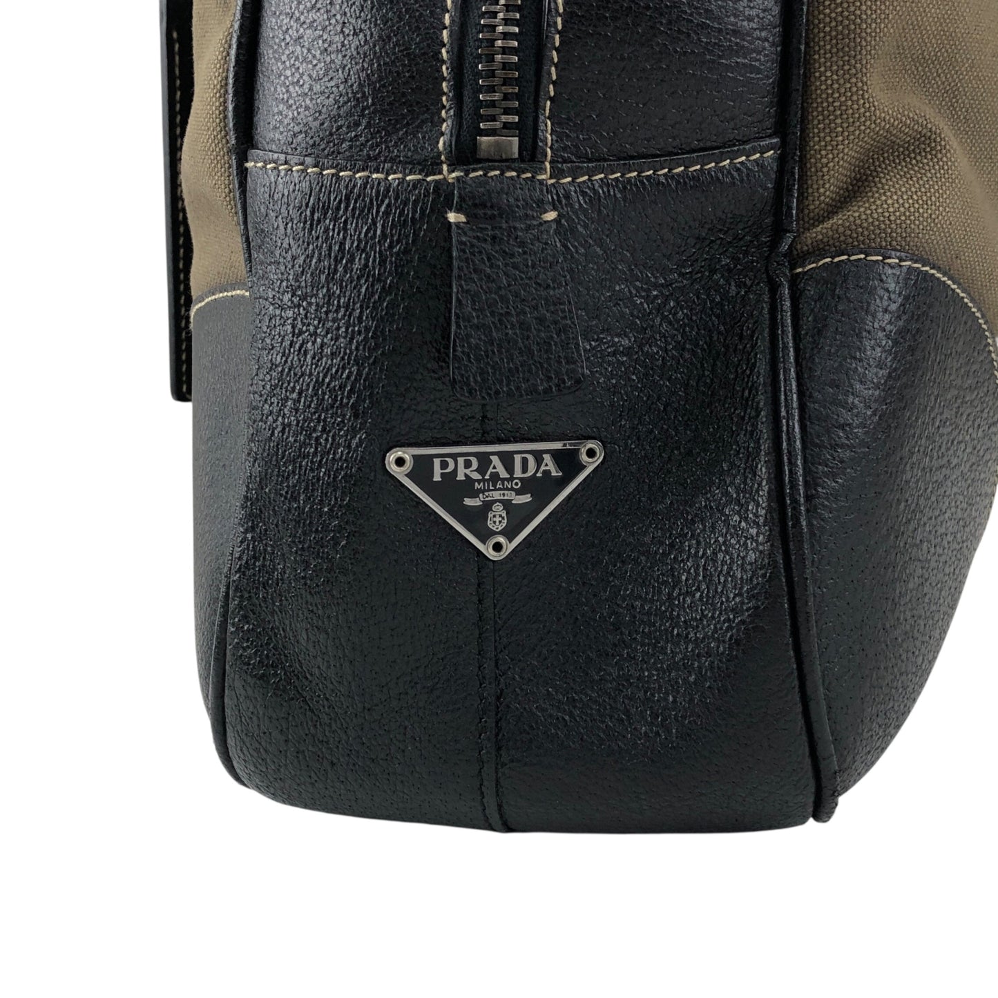 PRADA Triangle Logo Handbag Boston bag Black×Khaki Vintage 7dekxx