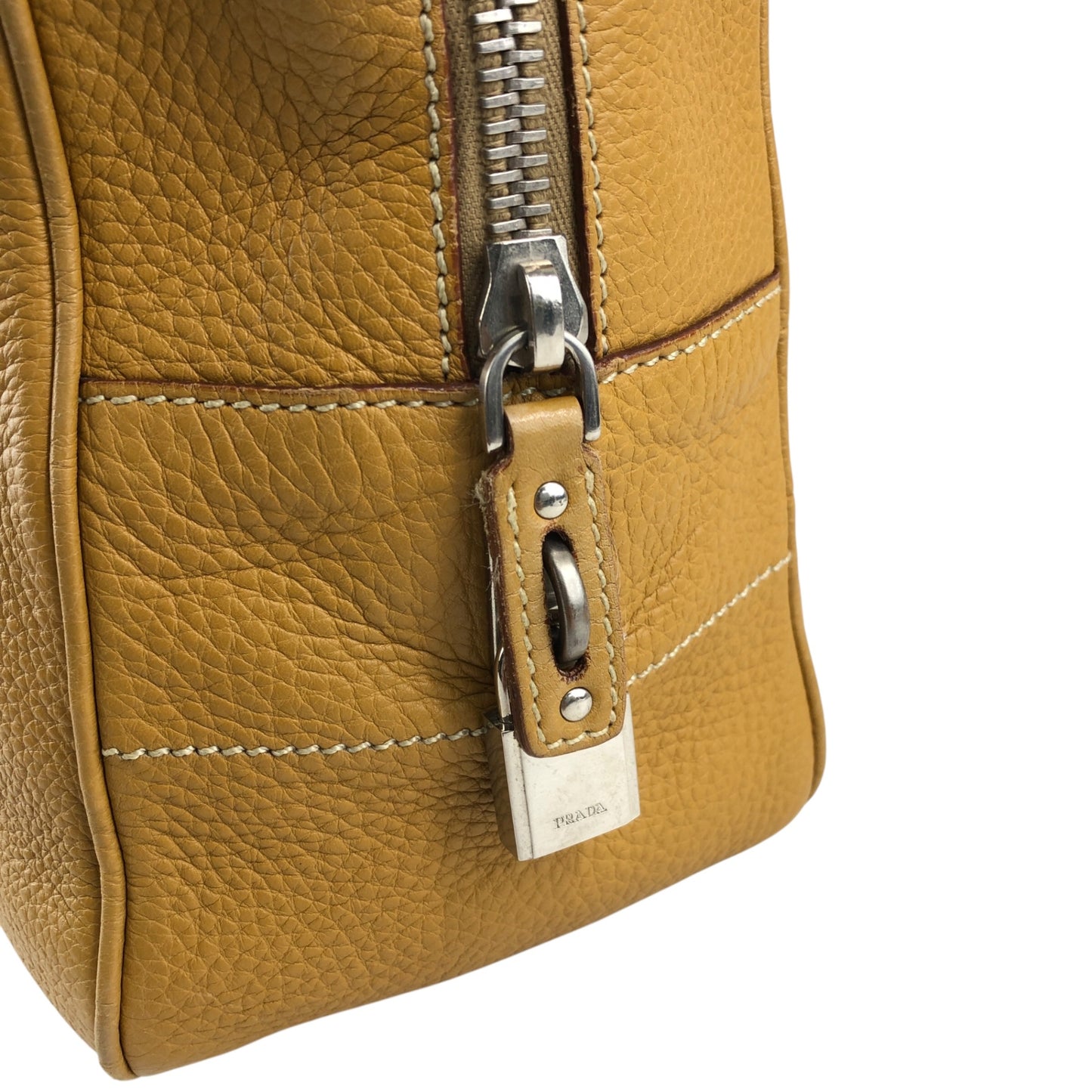 PRADALogo Embossed Small Boston bag Handbag Camel Vintage witjyy