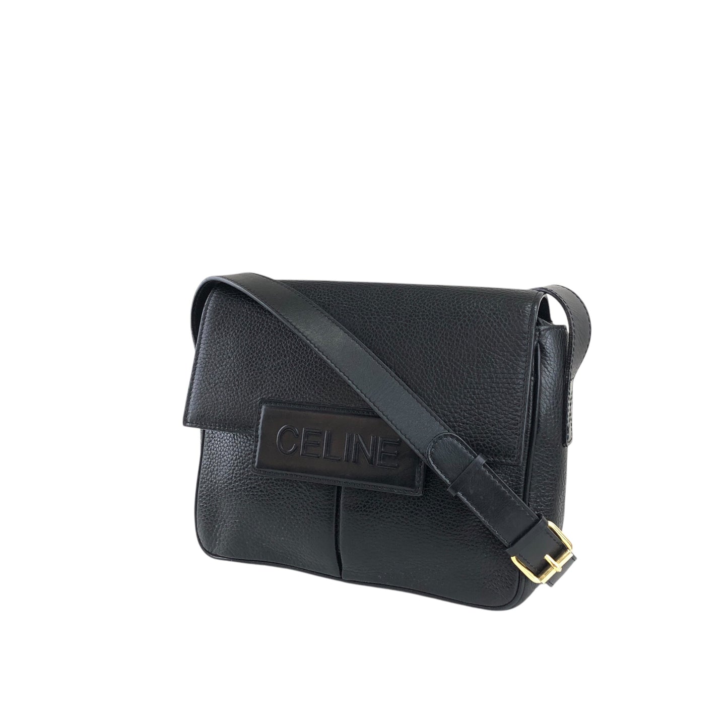 CELINE Logo Embossed Shoulder bag Black Vintage 66np7h