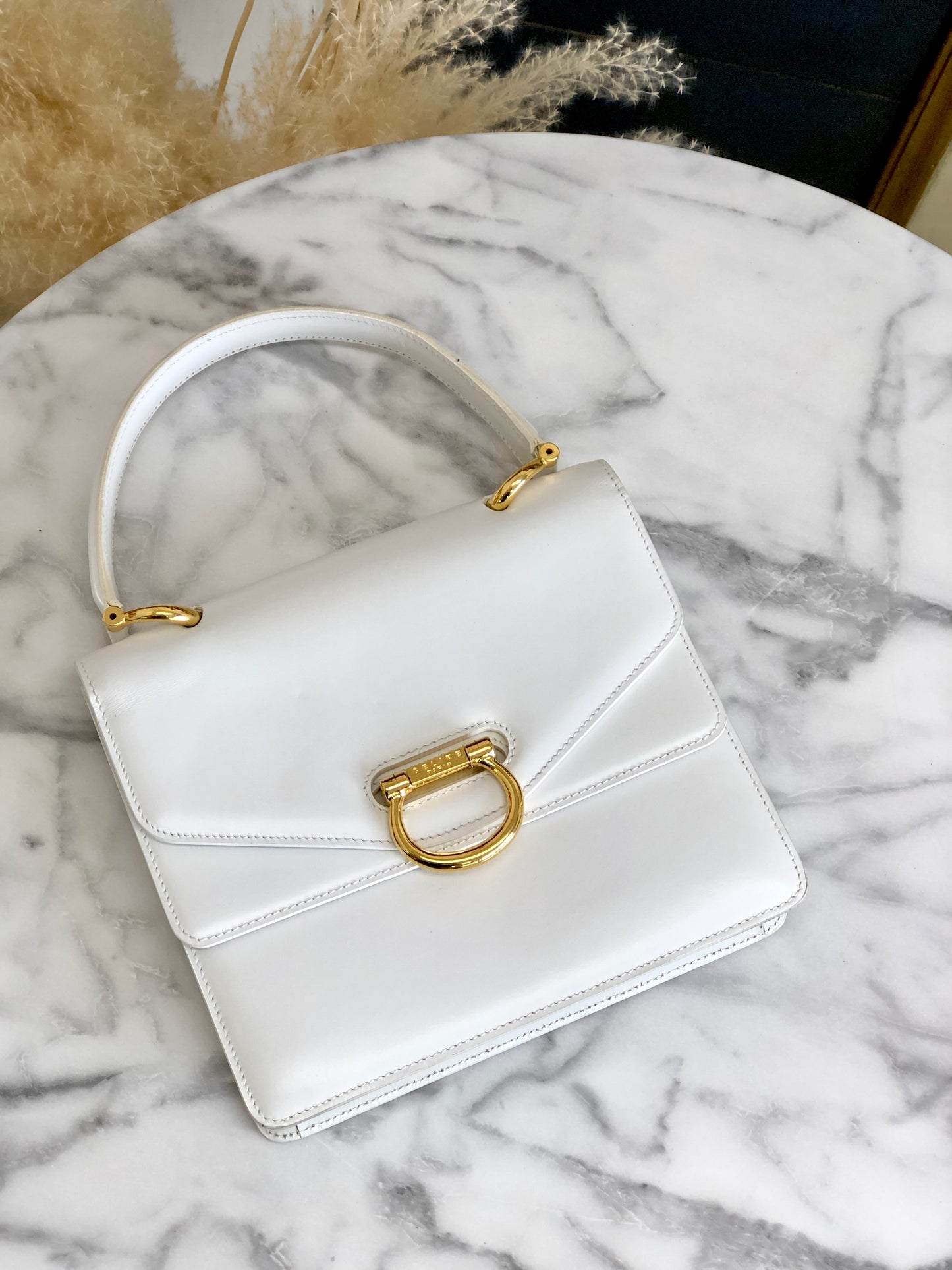 CELINE 馬銜扣雙翻蓋皮革手提包白色復古 mxrdau