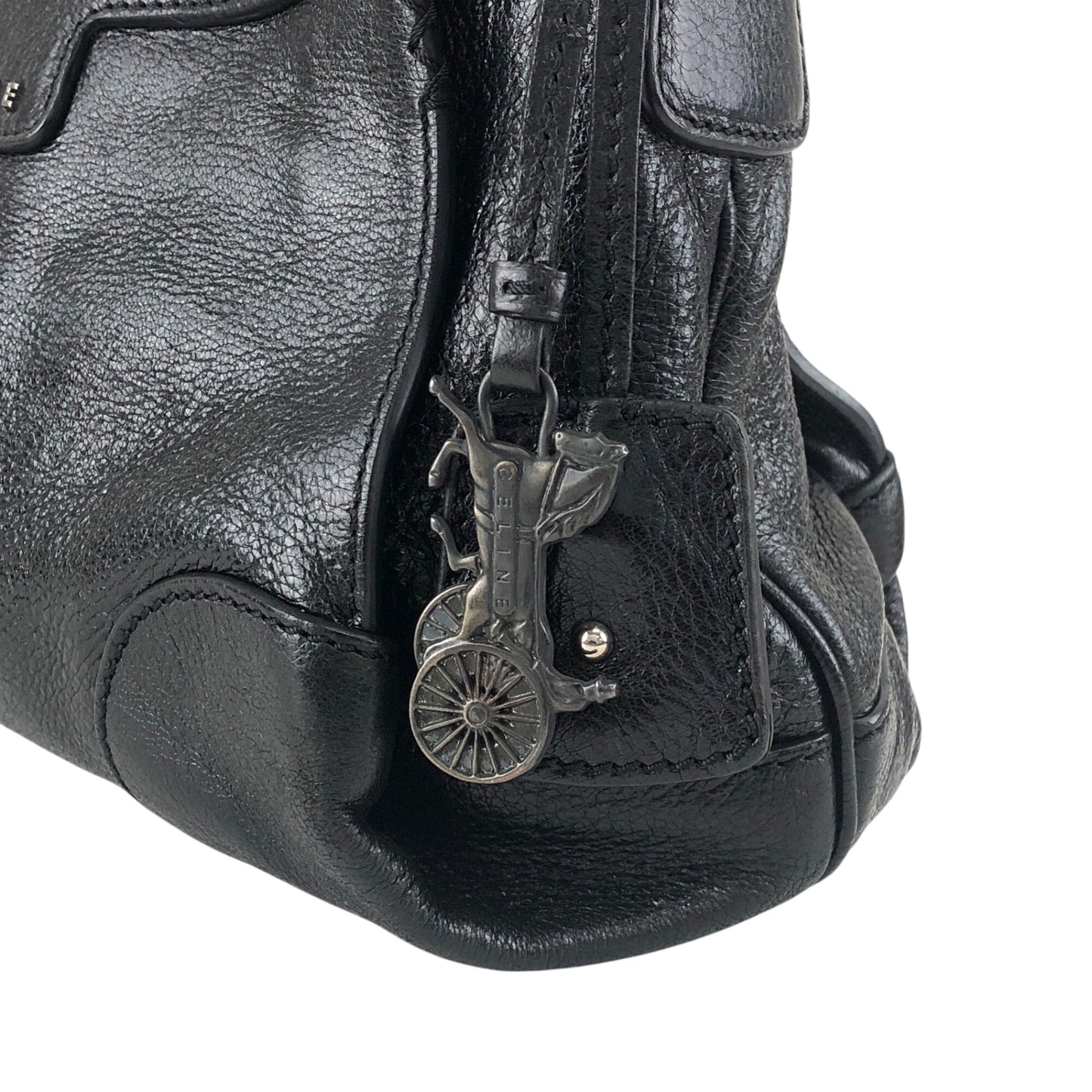 CELINE Horse Carriage Logo Handbag Hobobag Black Vintage hieixd