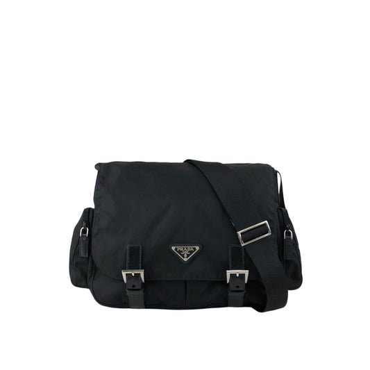 PRADA Tessuto Triangle Logo Front Buckle Double Pocket Shoulder bag Black Vintage yejdb4