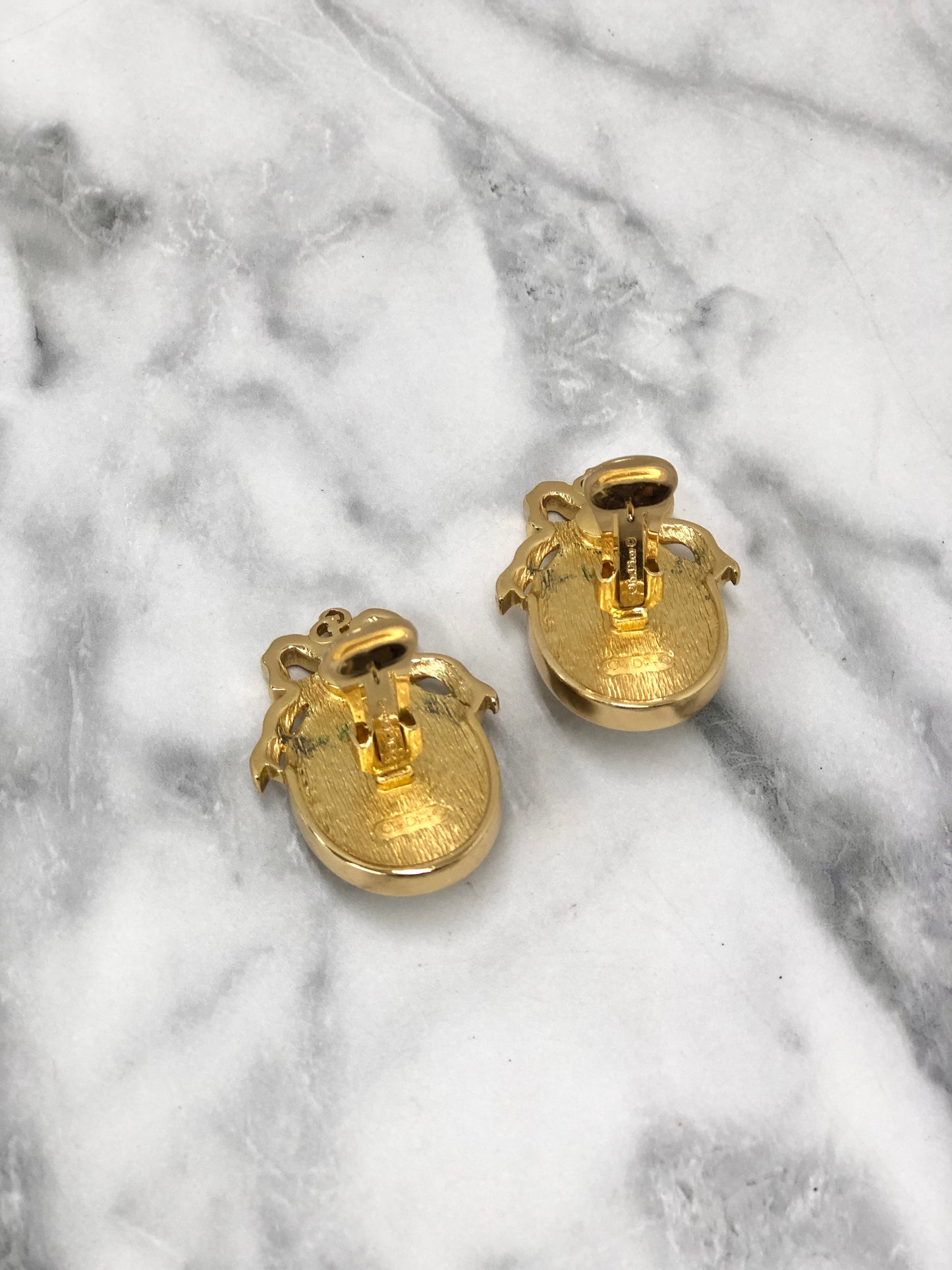 Christian Dior Ribon Motif Stone Earrings Gold Vintage tktttb