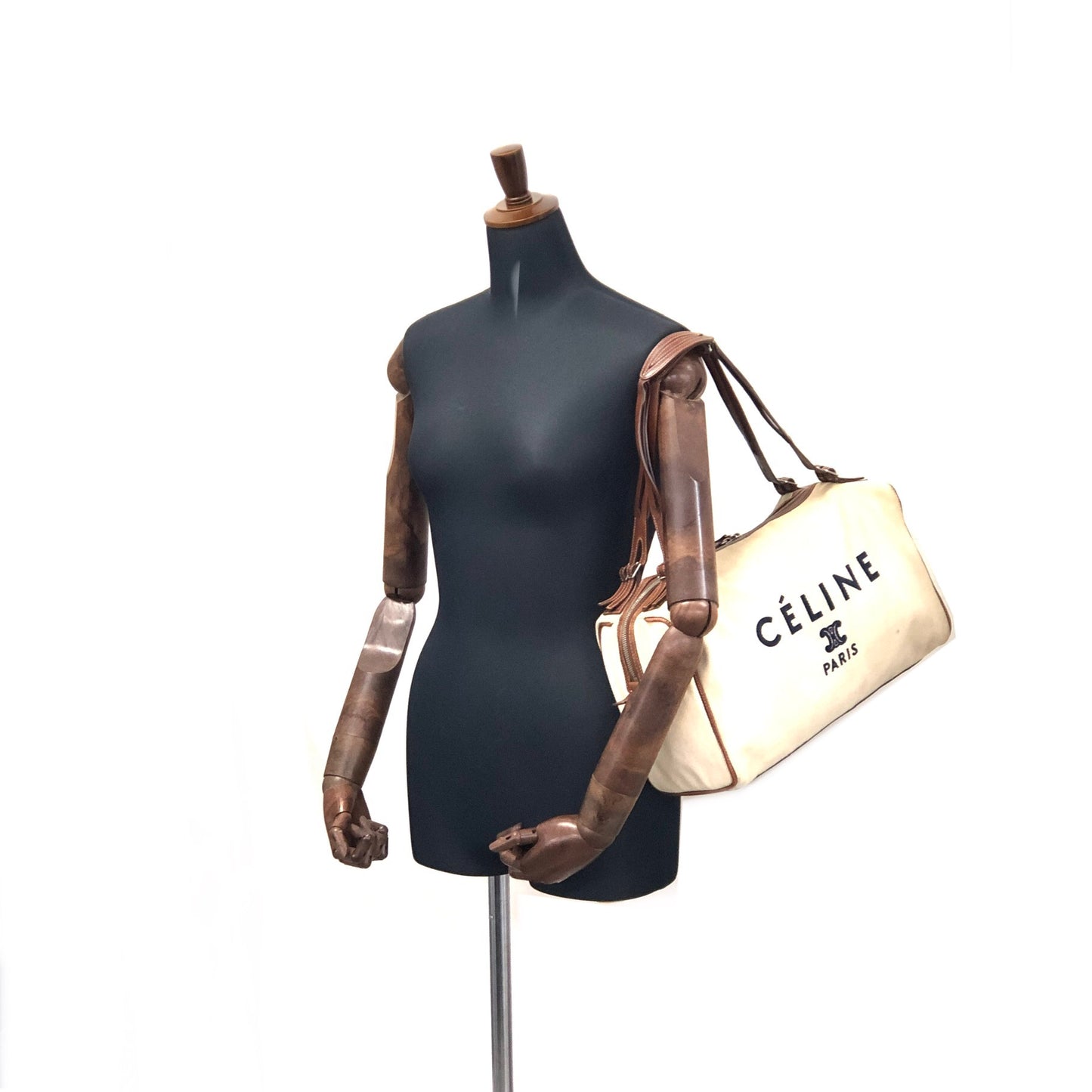 CELINE Logo Canvas Leather Boston bag Handbag Ivory Vintage rxrarg