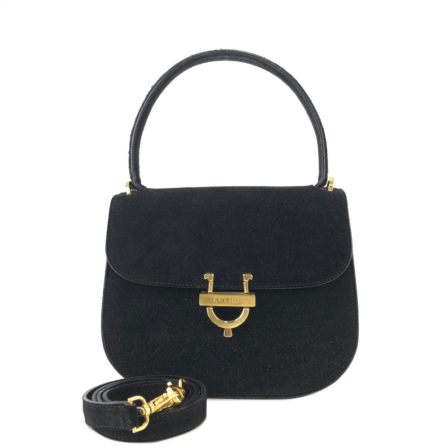 CELINE Horseshoe Suede Leather Two-way Handbag Shoulder bag Black Vintage 47tmub