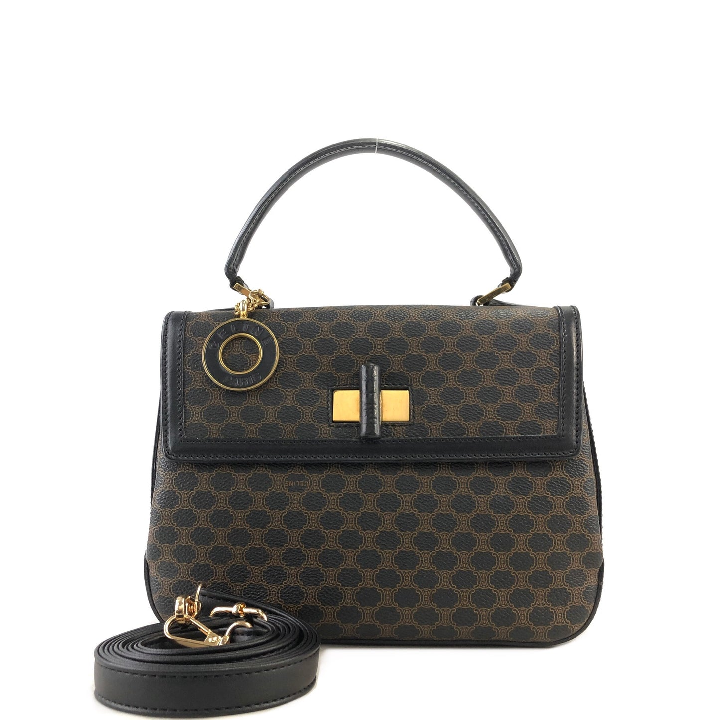 CELINE Macadam Logo Motif Charm Turn Lock Leather Two-way Handbag Shoulder bag Black Vintage cptypf
