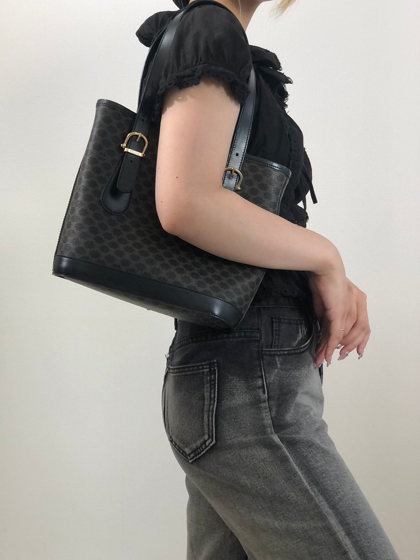 CELINE Macadam Leather Handbag Totebag Black Vintage at6psz