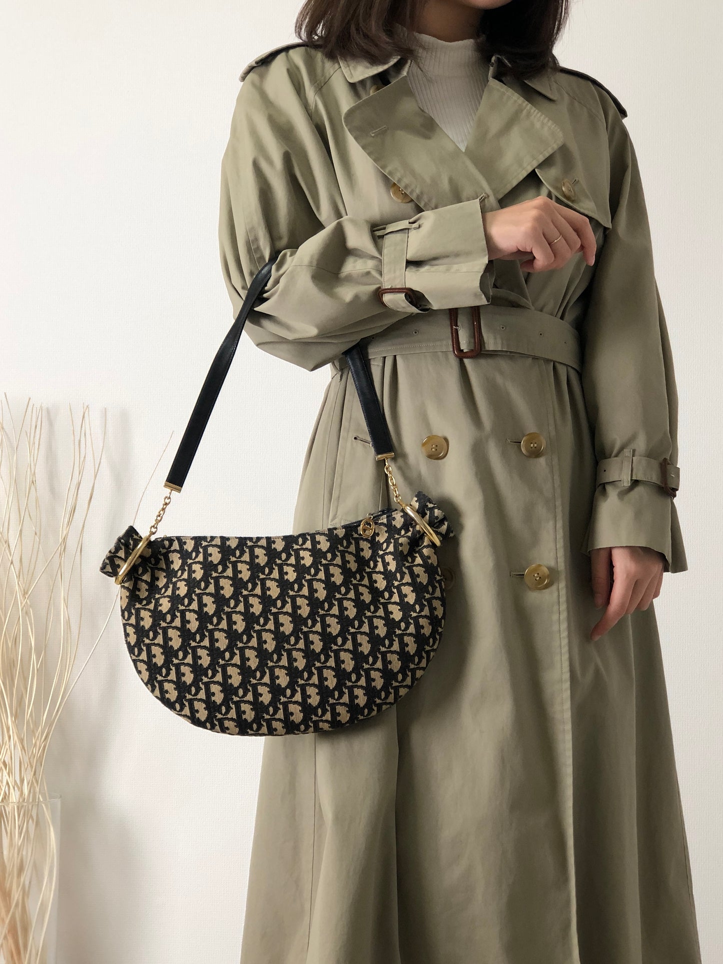 Christian Dior Trotter Jacquard Leather Shoulder bag Hobobag Navy Vintage 45xua4