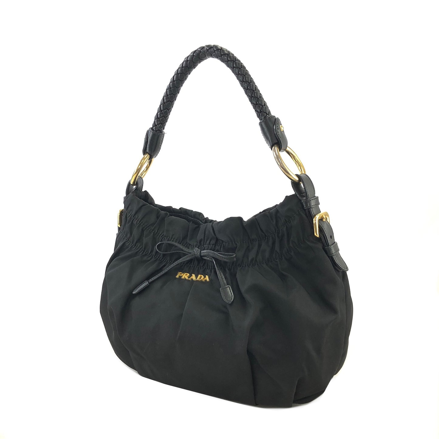 PRADA Logo Nylon Leather Shirring Handbag Black Vintage xwztuy