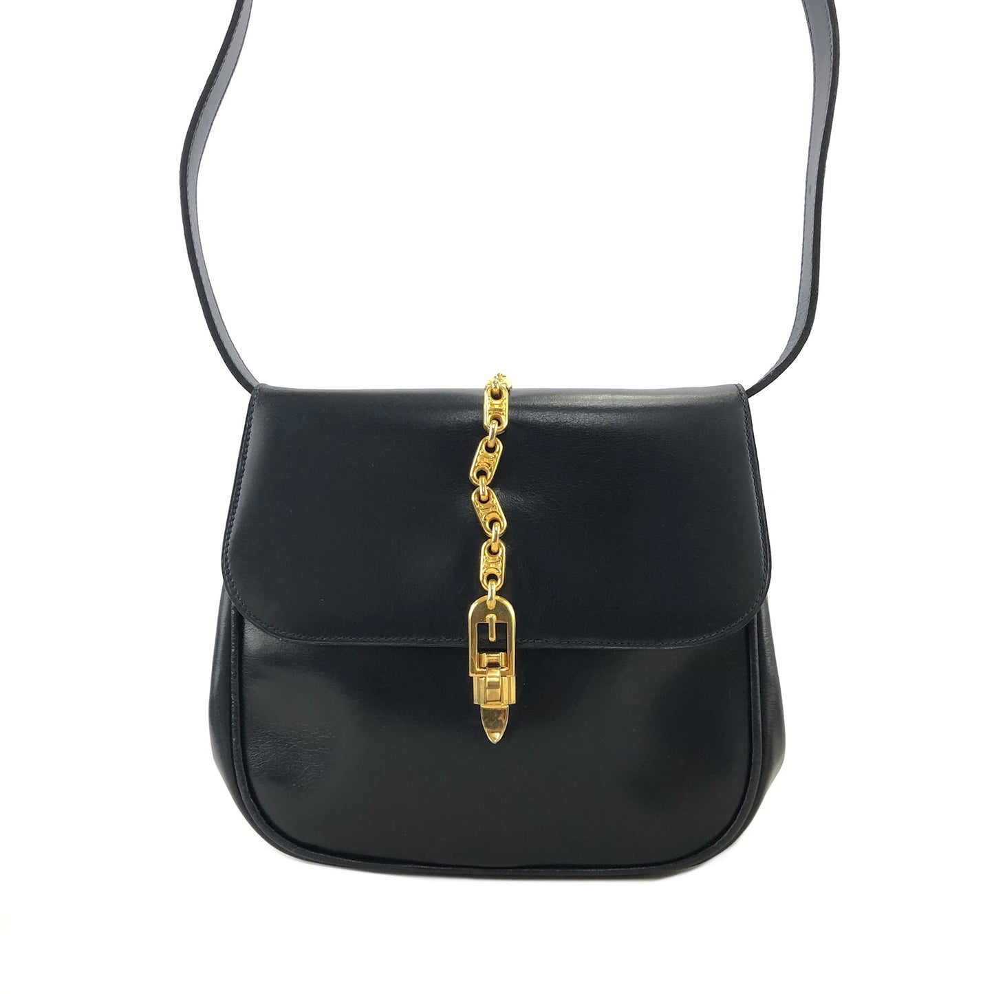 CELINE Triomphe Chain Leather Shoulder bag Navy Vintage admv2k