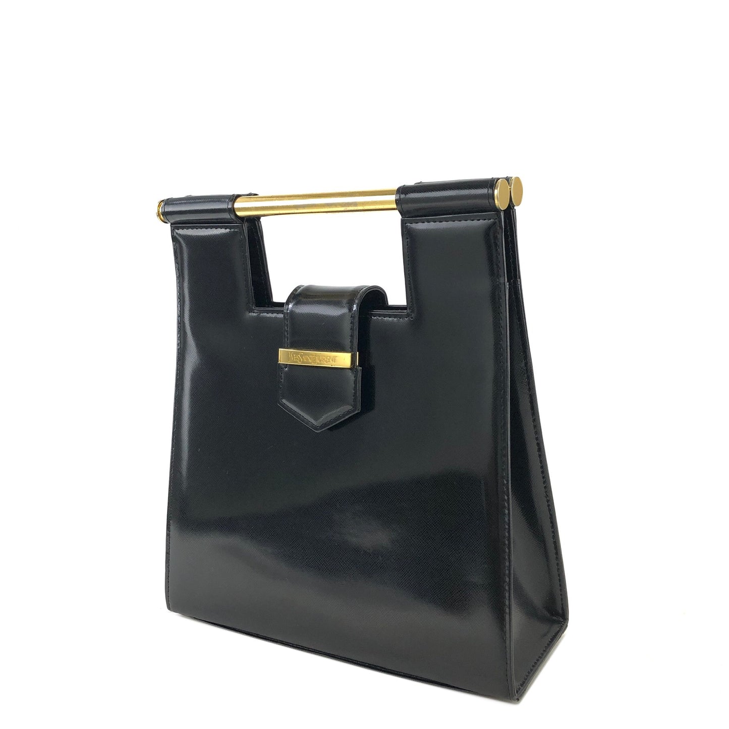 Yves Saint Laurent Logo Metal Bar Handle Leather Handbag Black Vintage vgabsa