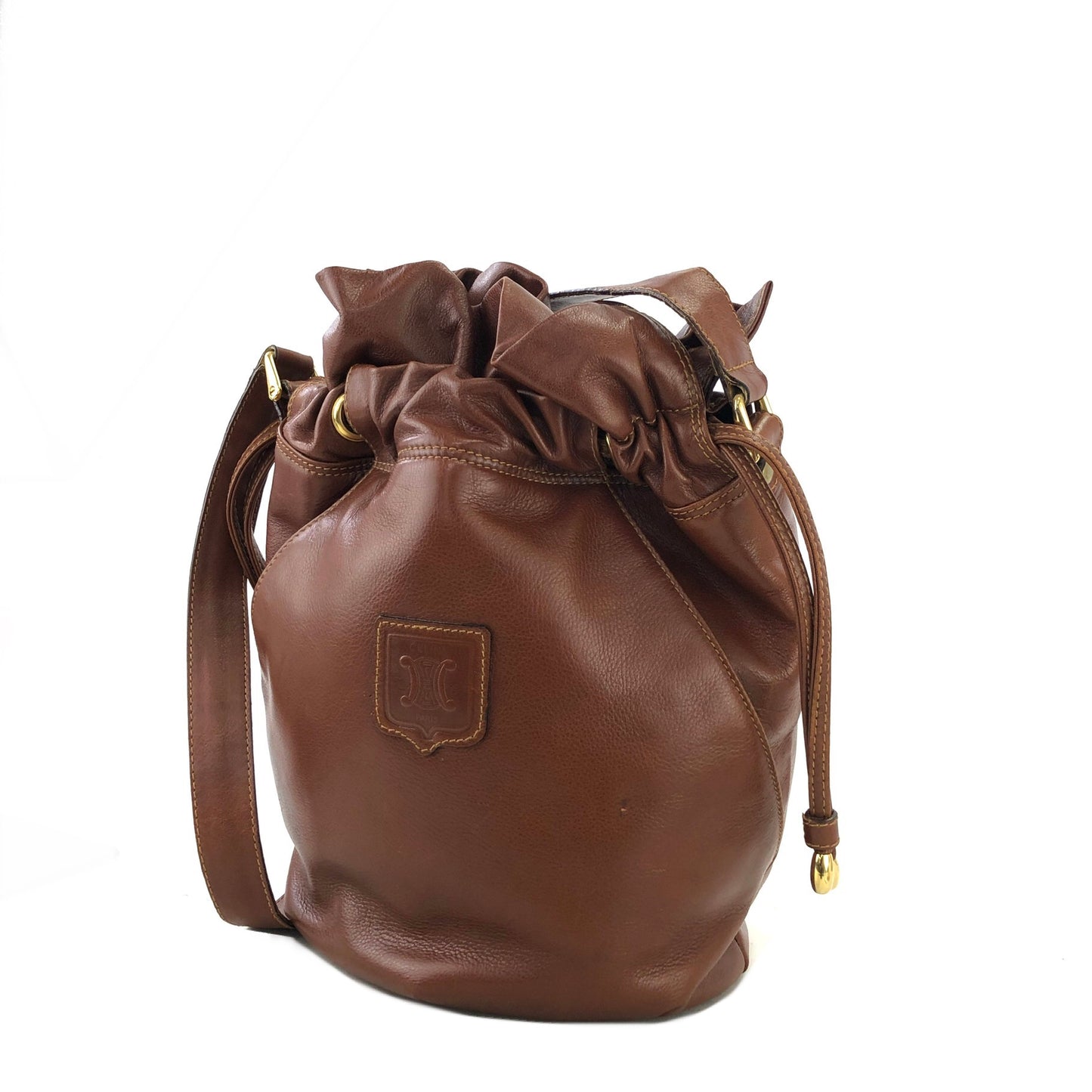 CELINE Blason Leather Drawstring Shoulder bag Brown Vintage 2hgzv7