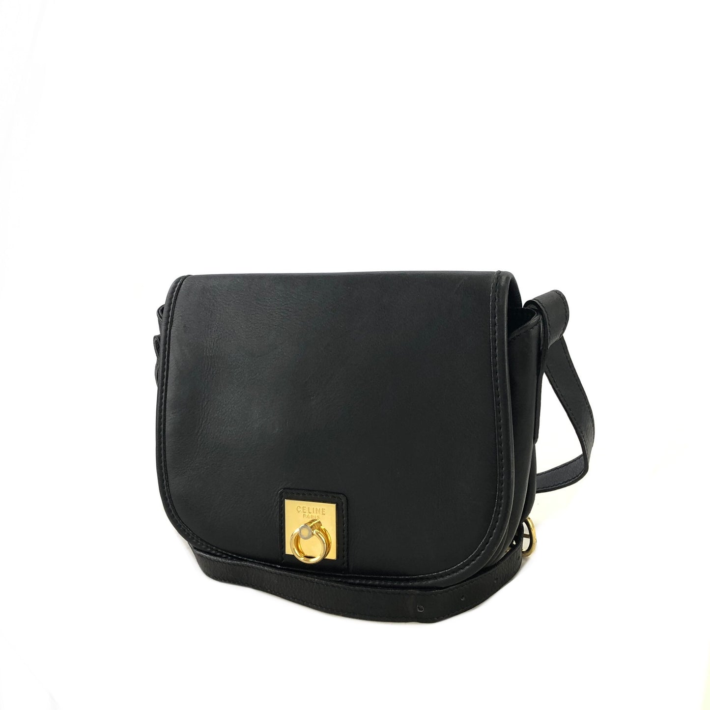 CELINE Gancini Flap Leather Shoulder bag Black Vintage 8na8ex