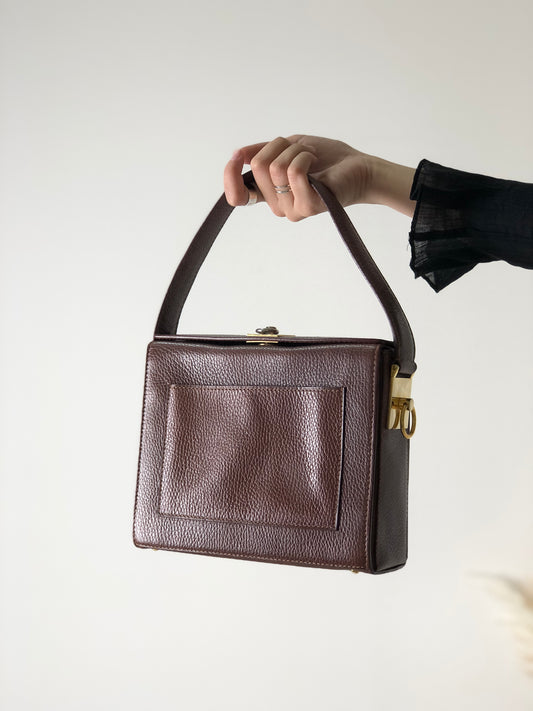 CELINE Gancini Logo Motif Square Leather Handbag Brown Vintage e8kt7d