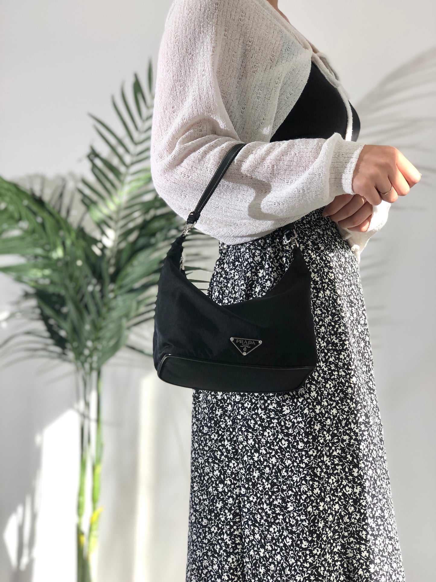 PRADA Triangle Logo Nylon Handbag Hobobag Black Vintage 4iznea