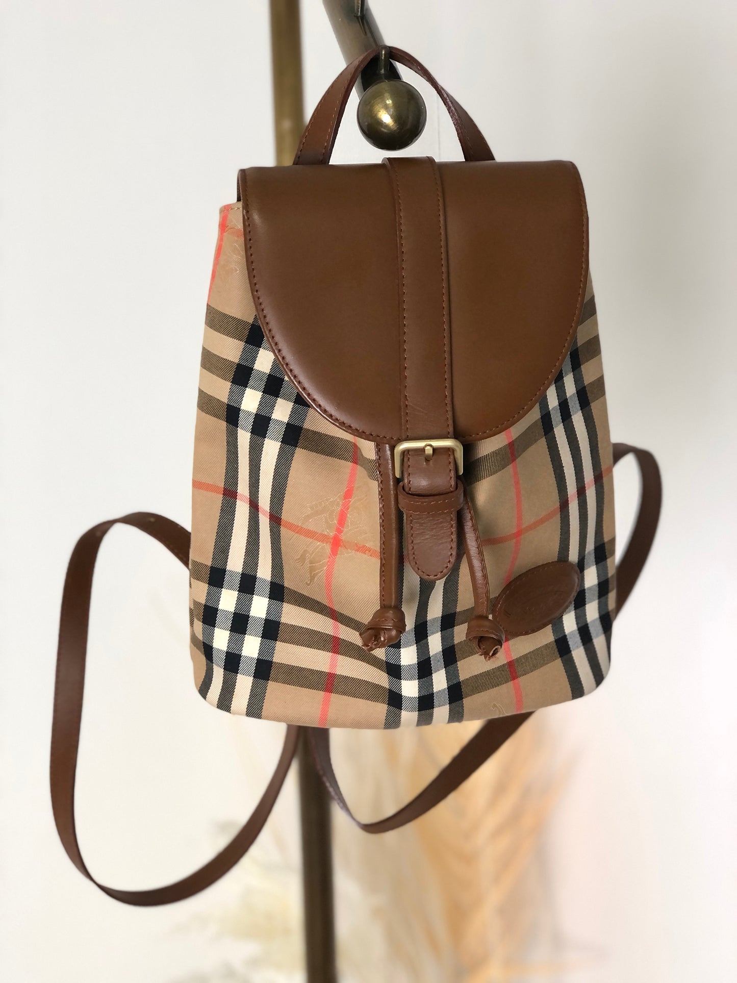 BURBERRY Classic Check Front Buckle Canvas Leather Backpack Beige Vintage x6idrn