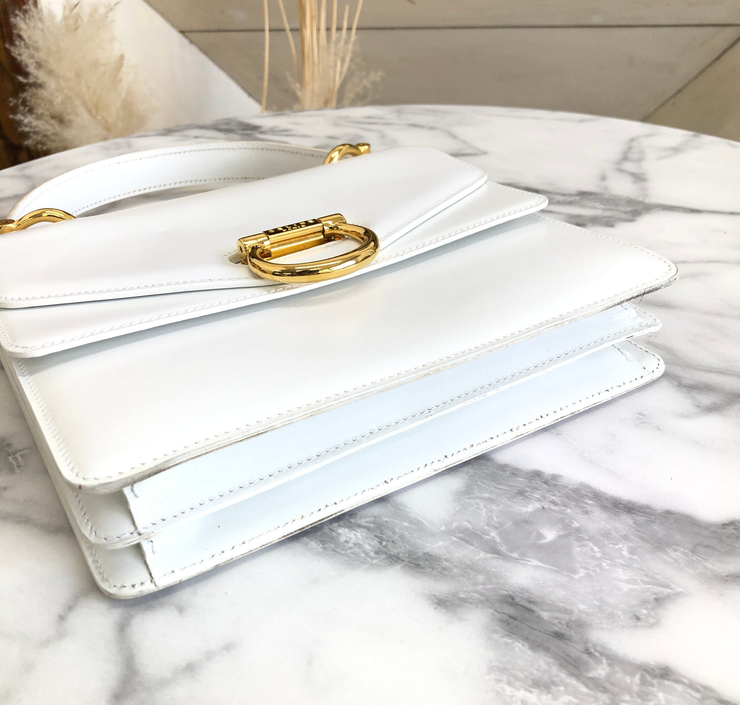 CELINE 馬銜扣雙翻蓋皮革手提包白色復古 mxrdau
