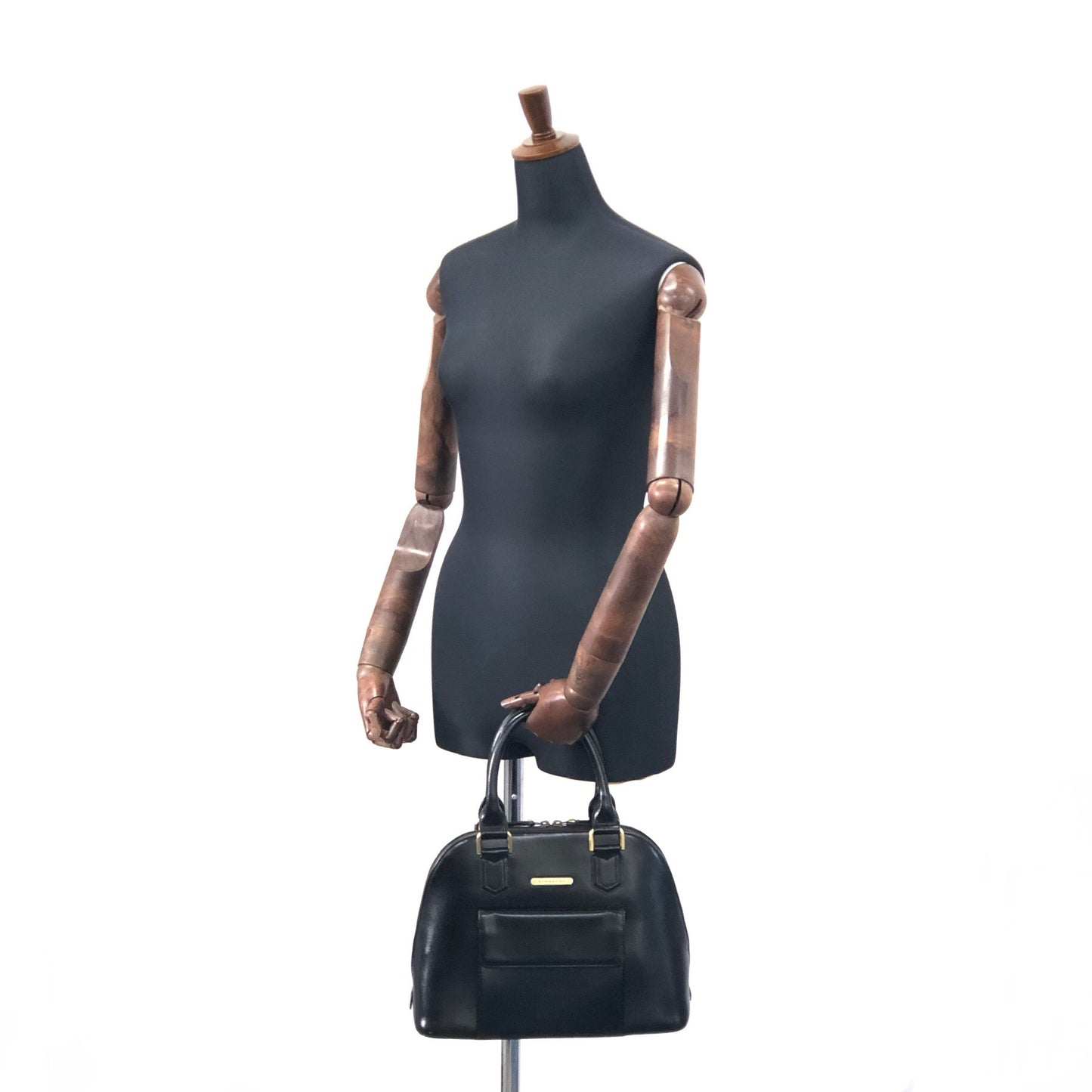 Burberry Classic Check Logo Motif Leather Handbag Black Vintage ut233m