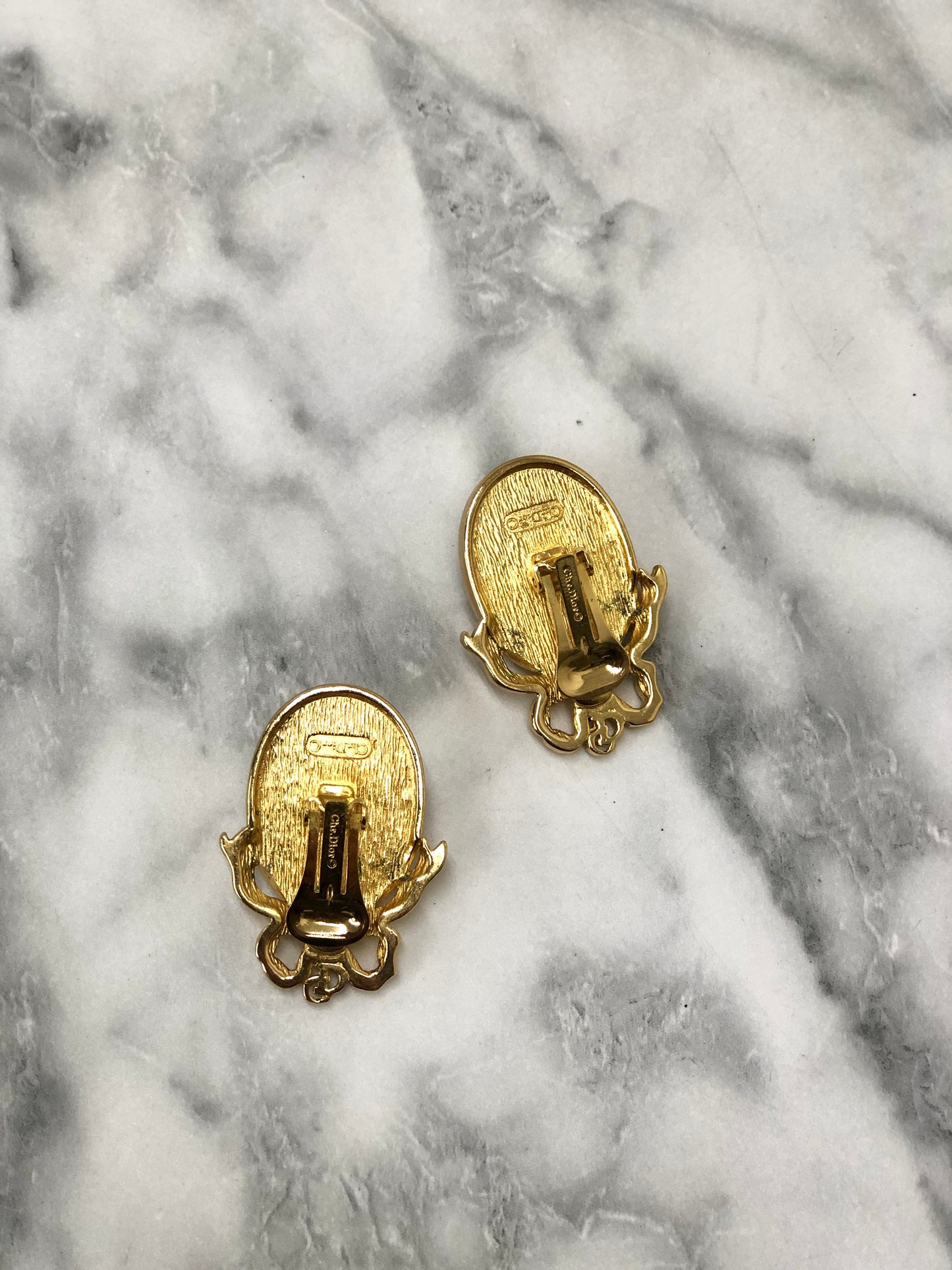 Christian Dior Ribon Motif Stone Earrings Gold Vintage tktttb