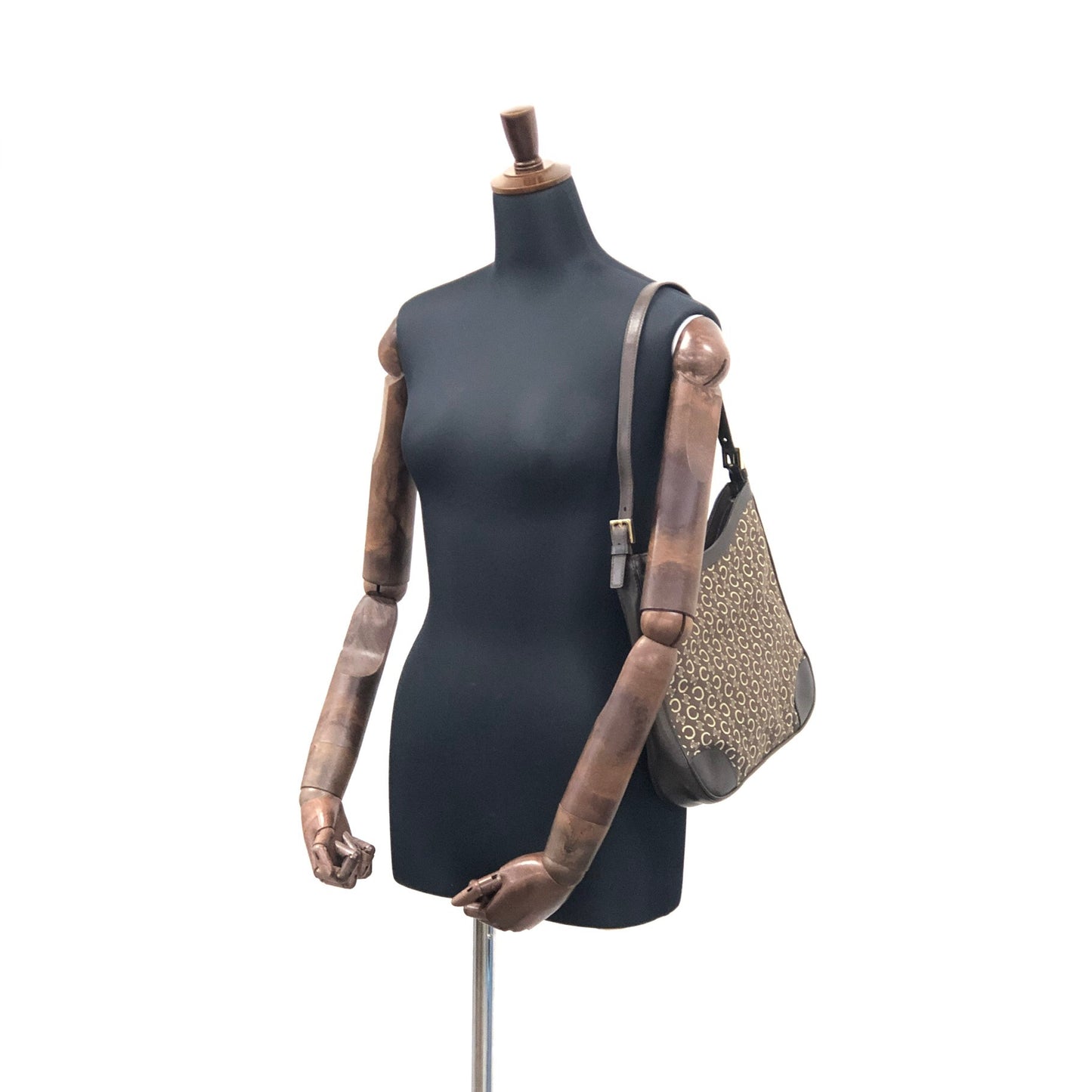 CELINE Macadam Jacquard Leather Shoulder bag Hobobag Brown Vintage afg23s