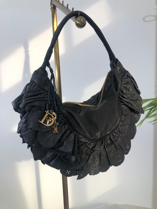 Christian Dior  Logo Charm Cut Out Leather Handbag Shoulder bag Black Vintage 54pzak