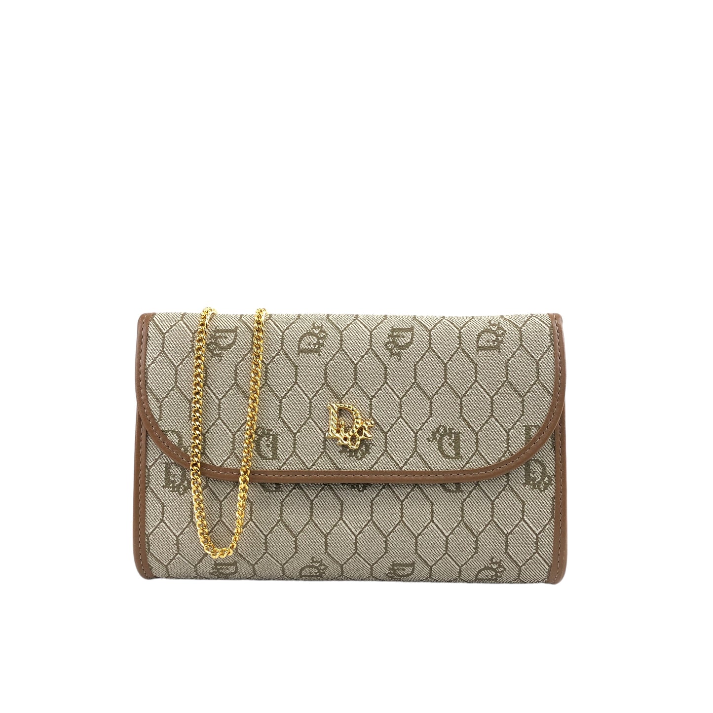 Christian Dior 蜂巢紋 PVC 皮革鏈條單肩包 米色復古 kcpzag