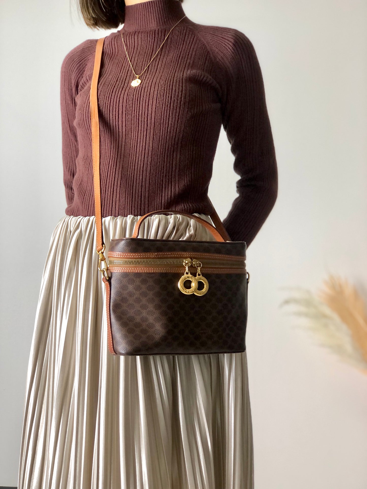 CELINE Macadam Circle Charm PVC Leather Two-way Handbag Shoulder bag Vanity bag Brown Vintage x573bx