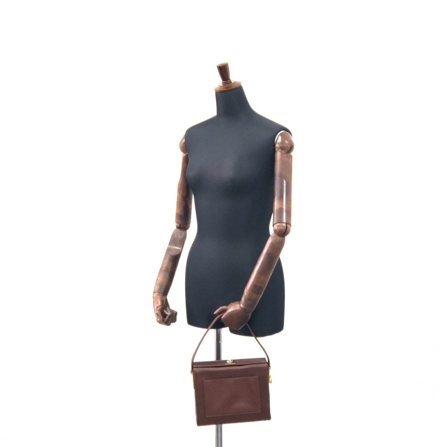 CELINE Gancini Logo Motif Square Leather Handbag Brown Vintage e8kt7d
