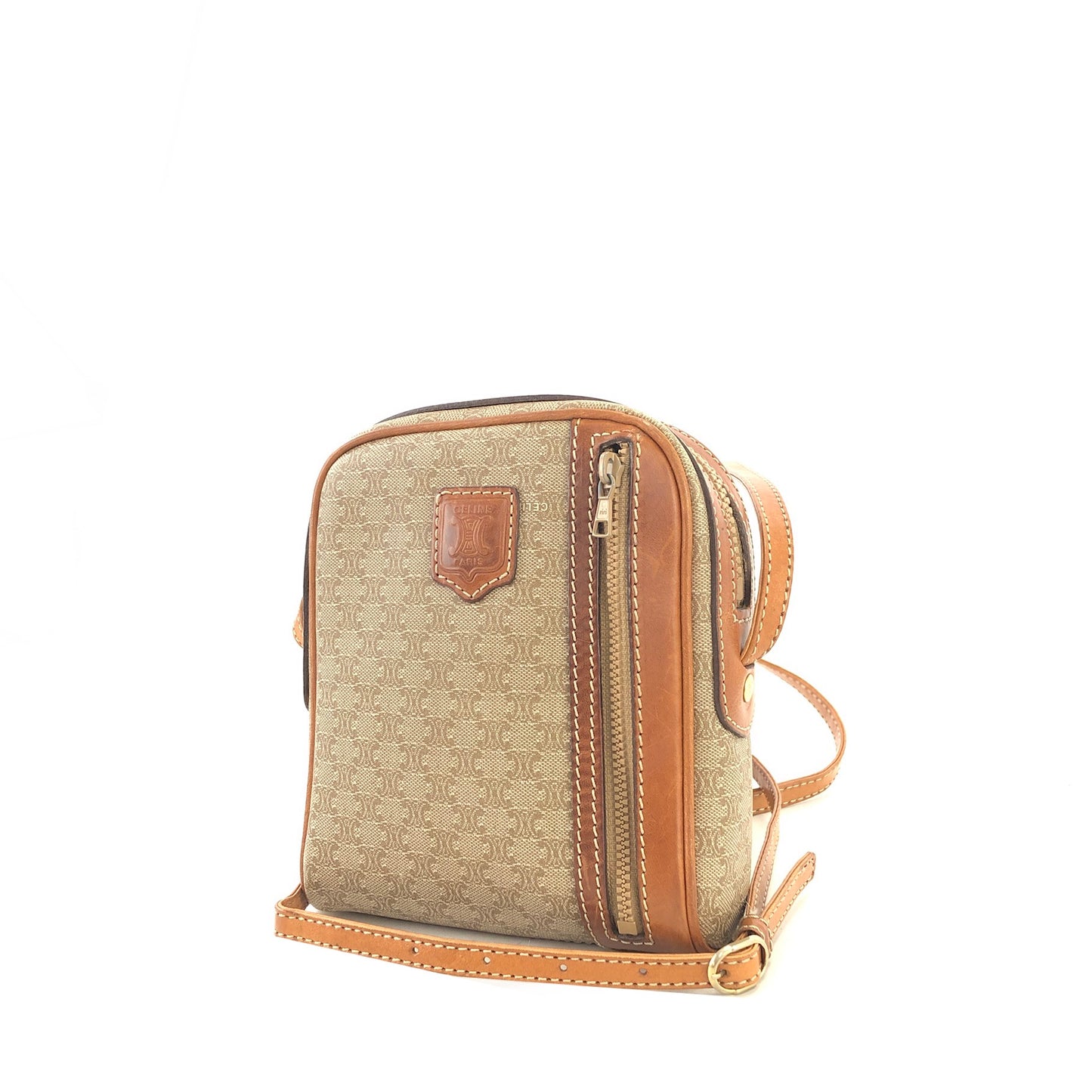 CELINE Macadam Blason Logo Motif Front Zipper Shoulder bag Beige Vintage u8nhjb