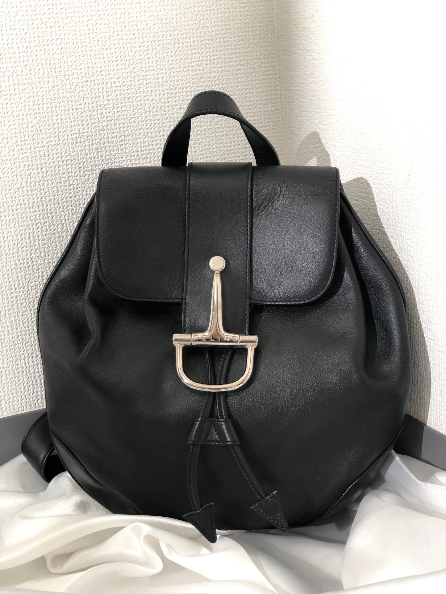 CELINE Horse Bit Leather Backpack Black Vintage fp635u