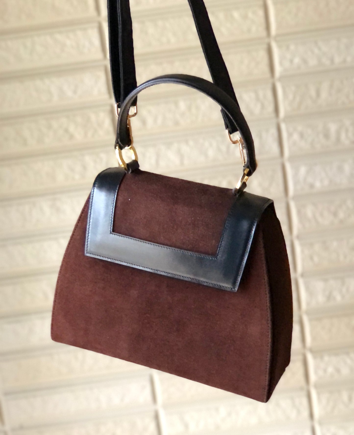 CELINE Circle Logo Suede Leather Two-way Handbag Shoulder bag Brown Black Vintage vxyndh