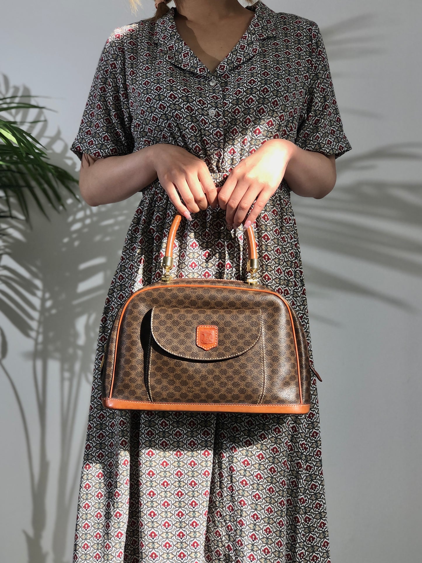 CELINE Macadam Blason Half Round Handbag Brown Vintage kdbz26