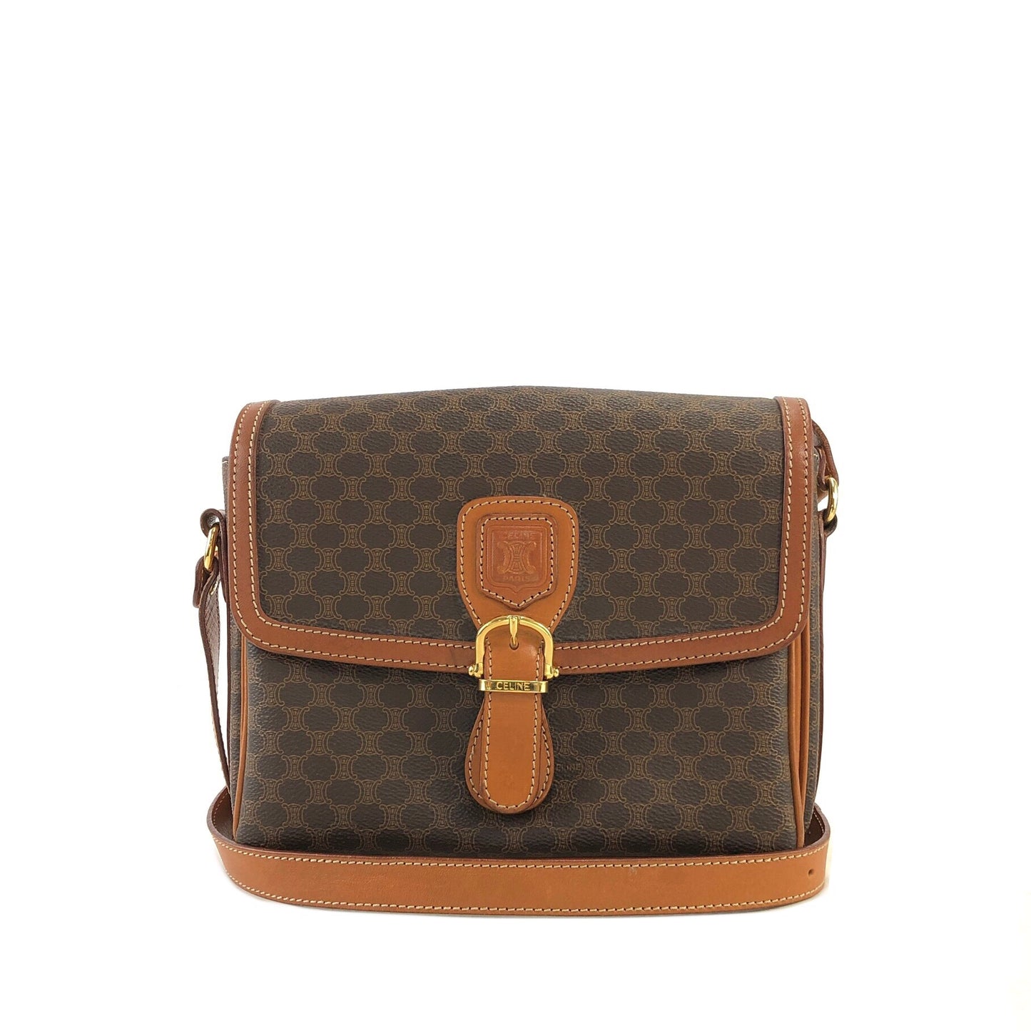 CELINE Macadam Blason Front Buckle Shoulder bag Brown Vintage cju27m