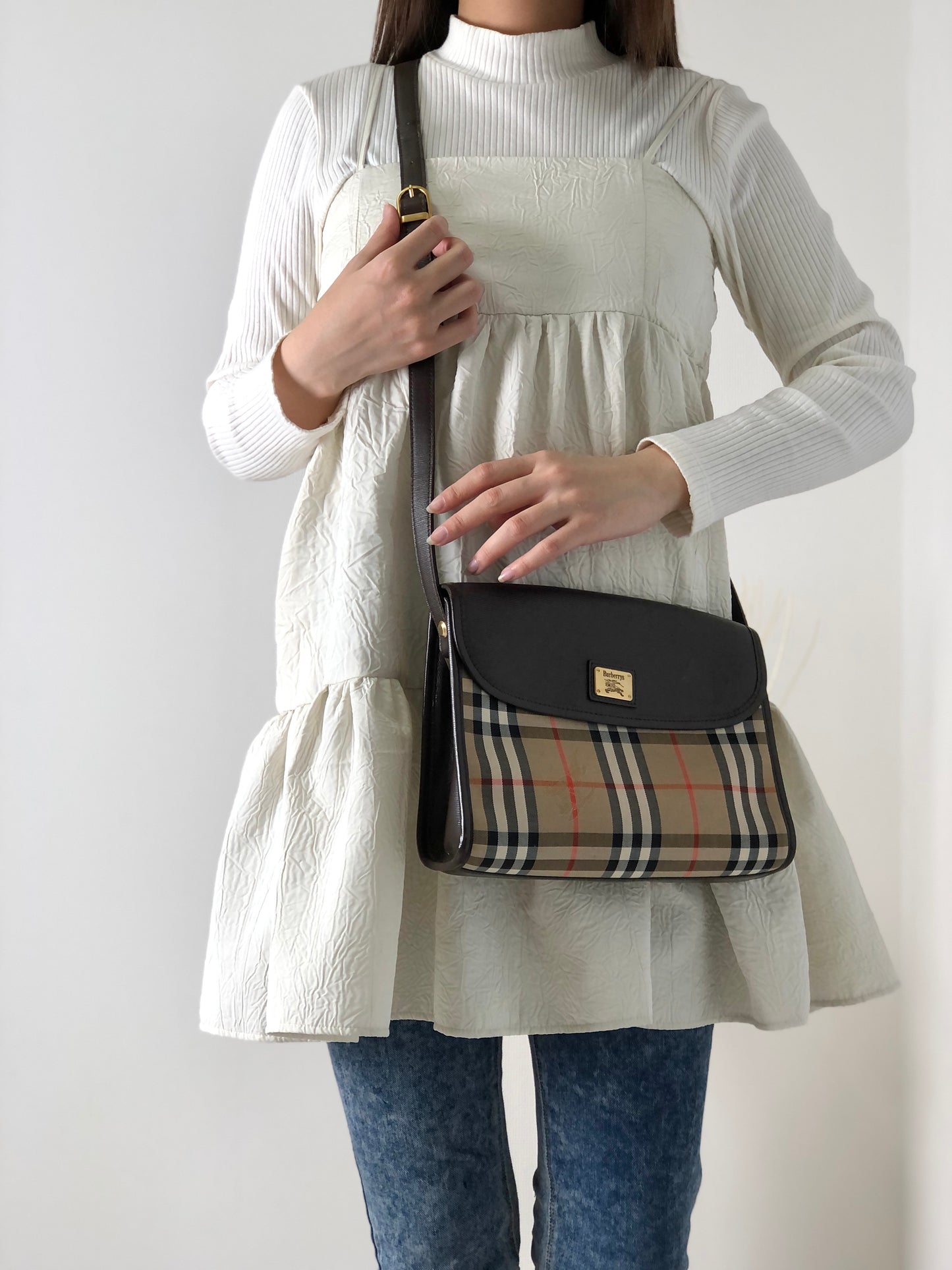 BURBERRY Classic Check Canvas Leather Shoulder bag Beige Brown Vintage sxruwc