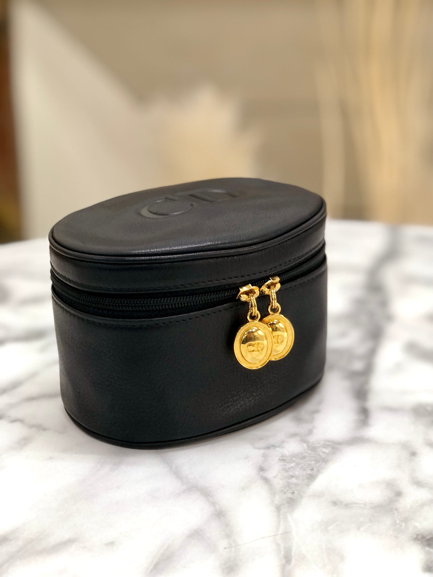 Christian Dior CD 標誌皮革化妝包黑色復古 x5rawm