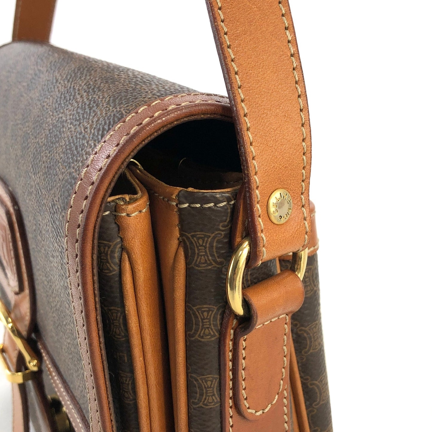 CELINE Macadam Blason Front Buckle Shoulder bag Brown Vintage cju27m