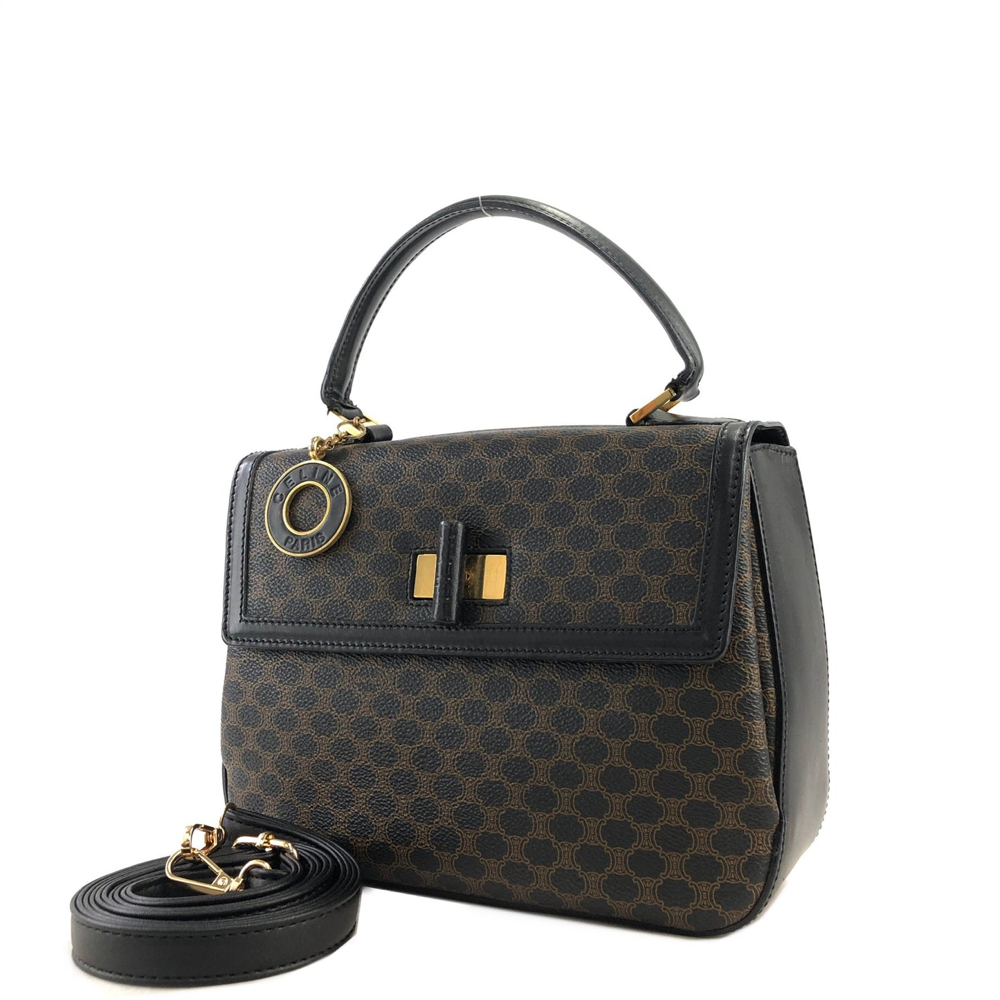 CELINE Macadam Logo Motif Charm Turn Lock Leather Two-way Handbag Shoulder bag Black Vintage cptypf