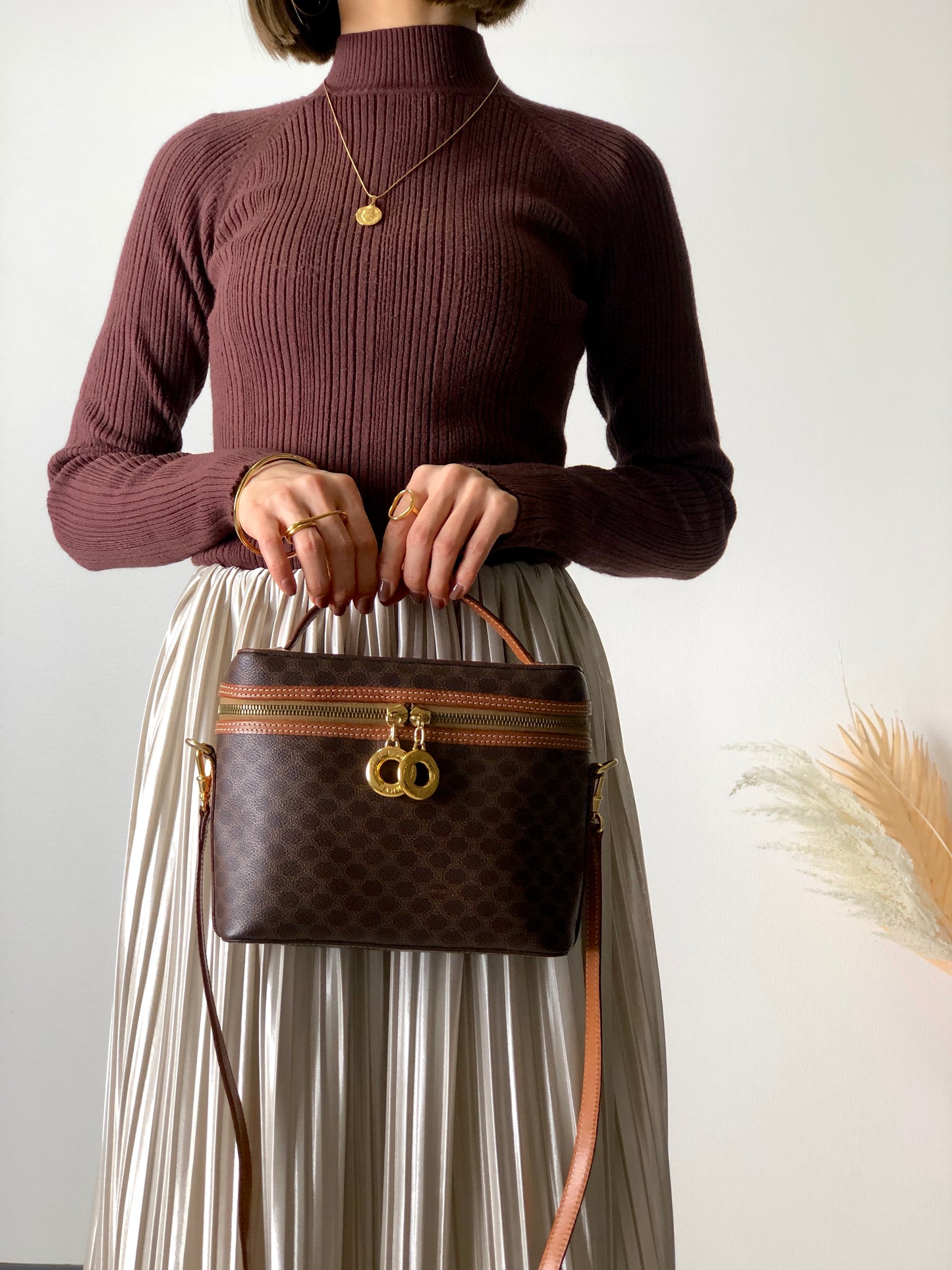 CELINE Macadam Circle Charm PVC Leather Two-way Handbag Shoulder bag Vanity bag Brown Vintage x573bx