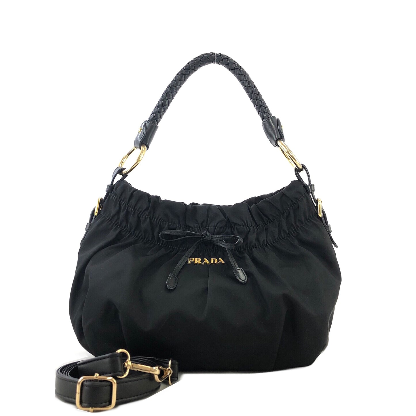 PRADA Logo Nylon Leather Shirring Handbag Black Vintage xwztuy