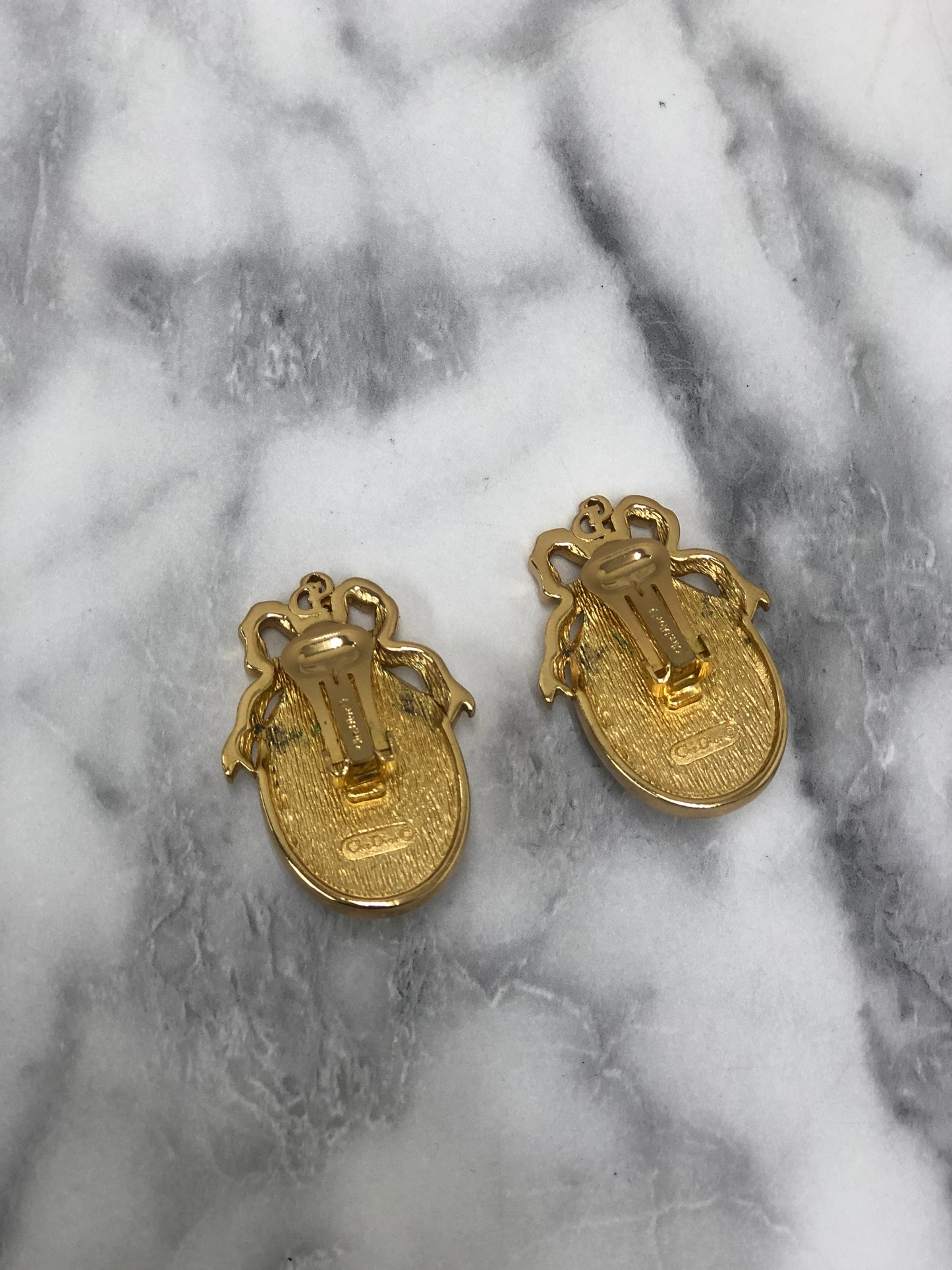 Christian Dior Ribon Motif Stone Earrings Gold Vintage tktttb