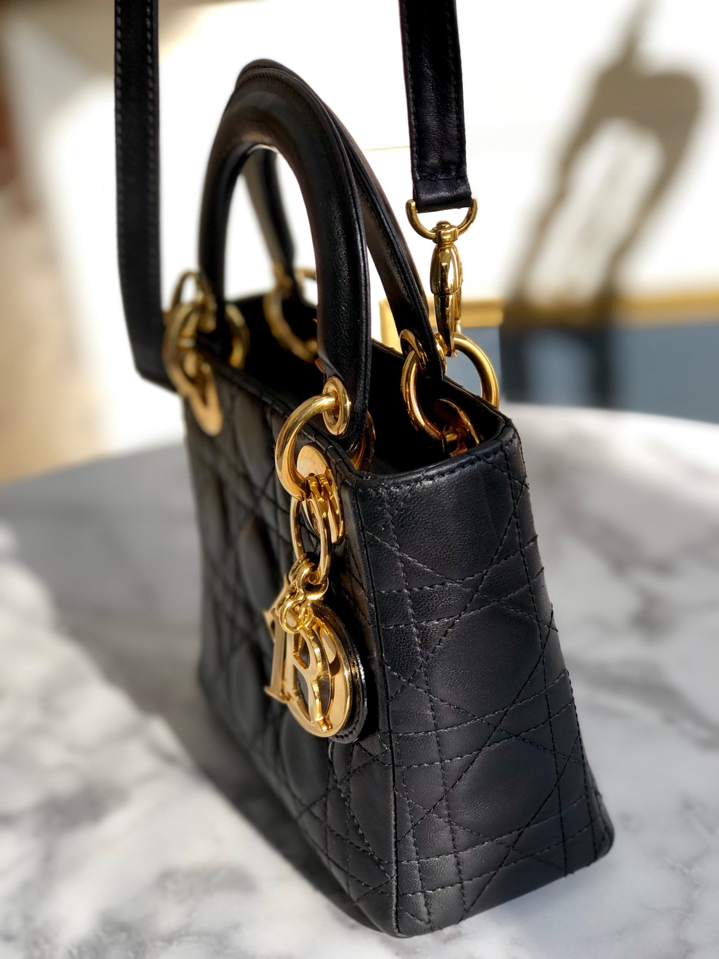 Christian Dior Cannage Lady dior Leather Small Handbag Shoulder bag Black 7tgg5g