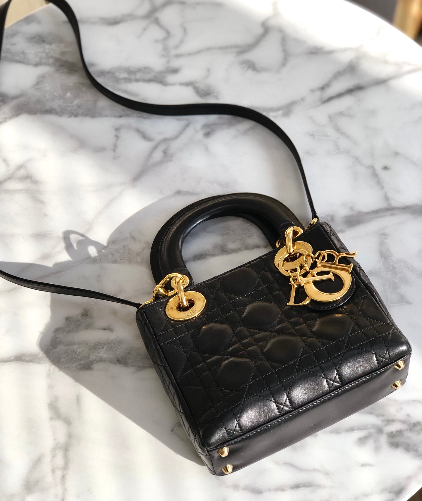Christian Dior Cannage Lady dior Leather Small Handbag Shoulder bag Black 7tgg5g