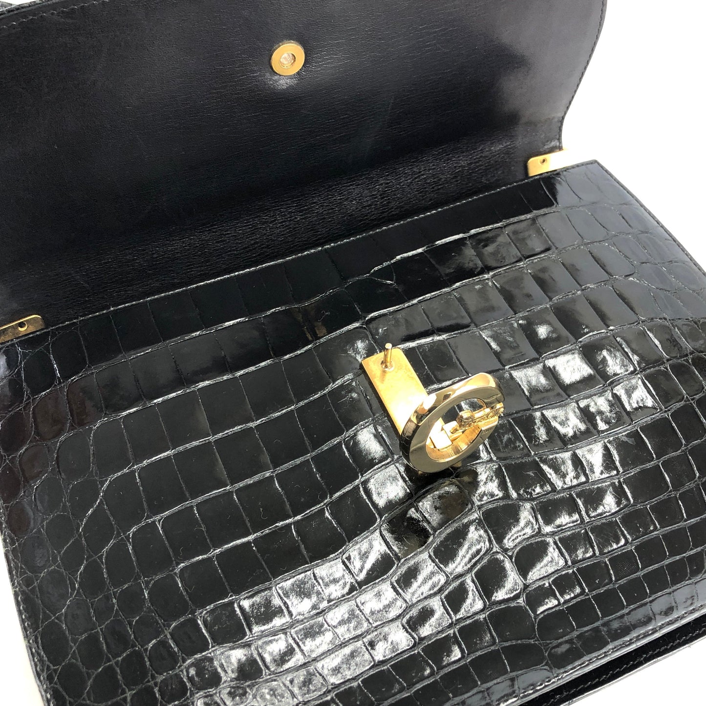 CELINE C logo Horse carriage Crocodile embossed leather Shoulder bag Black Old CELINE vintage 6tmne2